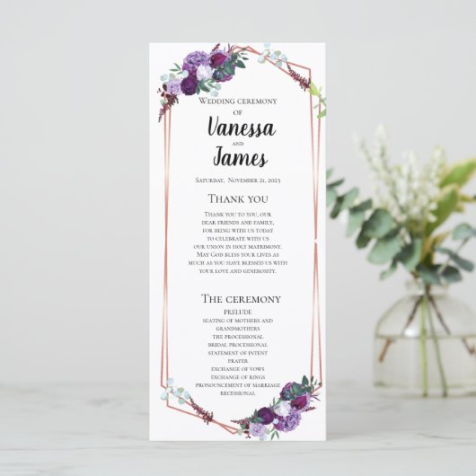 Modern Paars Floral Geometric Wedding Programme (Staand voorkant)