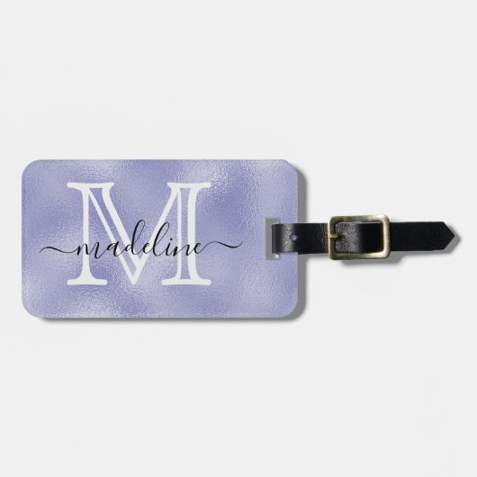 Modern Paars Folie Monogram Name Script Initiaal Bagagelabel (Voorkant horizontaal)