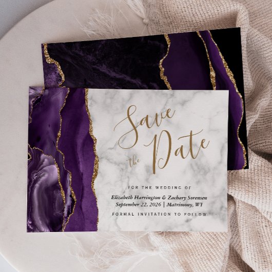 Modern Paars Gold Agate Marble Save the Date Kaart