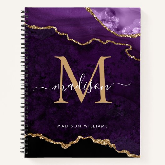Modern Paars goudglitter Geode Monogram Notitieboek (Voorkant)
