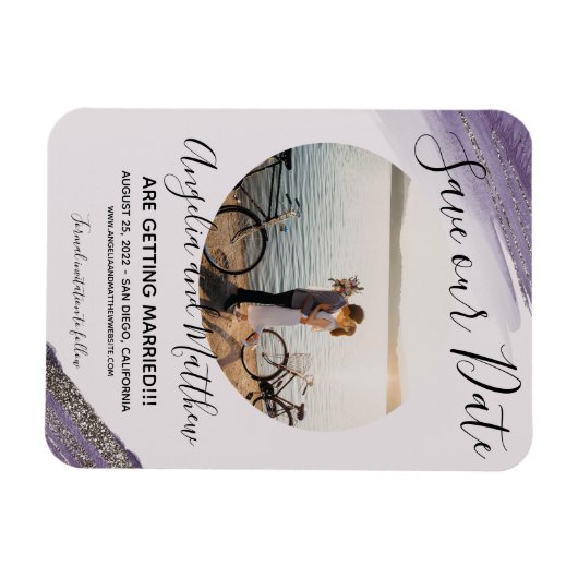 Modern Paars grijs Glitter Spark Save T Date Foto Magneet (Horizontaal)