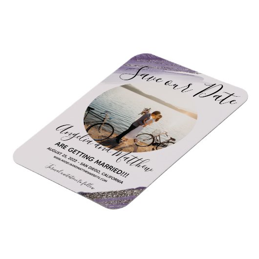 Modern Paars grijs Glitter Spark Save T Date Foto Magneet (Linkerzijde)