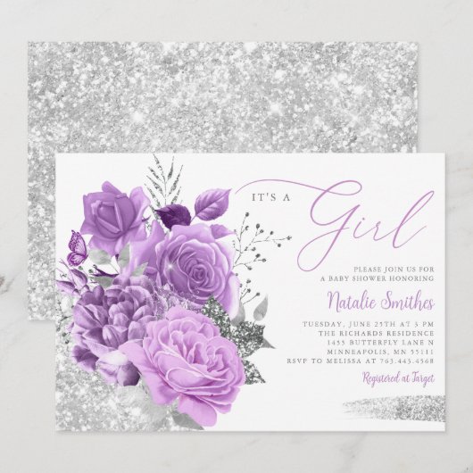 Modern Paars is een meisje met Floral Boho Baby sh Kaart (Voorkant / Achterkant)