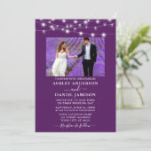 Modern Paars String Lights Photo Wedding Kaart (Staand voorkant)