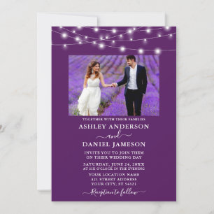 Modern Paars String Lights Photo Wedding Kaart