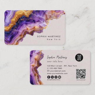 Modern Paarse Agate gouden marmer & QR Code Logo Visitekaartje
