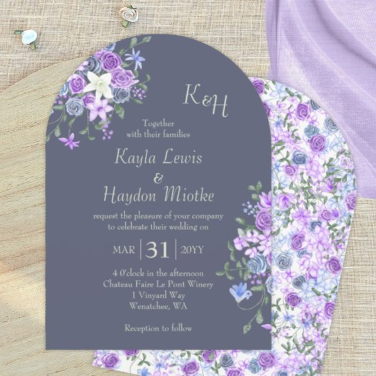Modern Paarse, blauw, grijs Roos tuin bruiloft Kaart