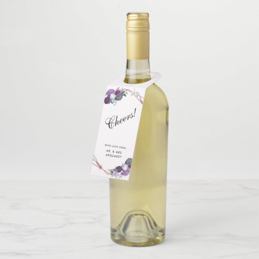 Modern Paarse Bloemen Geometrisch Proost Bruiloft Flessenhanger (Schuin)