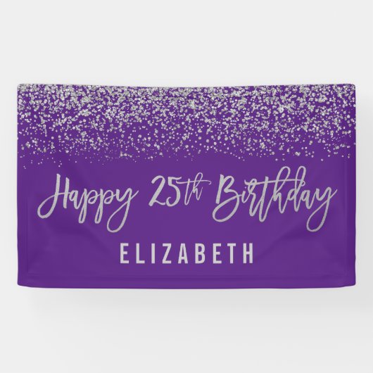 Modern Paarse Faux Silver Glitter 25th Birthday Spandoek (Horizontaal)