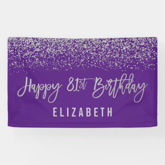 Modern Paarse Faux Silver Glitter 81st Birthday Spandoek (Horizontaal)