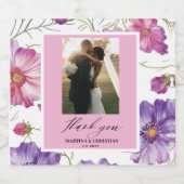 Modern Paarse Roze Bloesem Script Fotobruiloft Sparkling Wijnetiket (Enkel label)