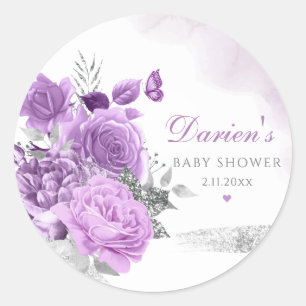 Modern Paarse Waterverf Floral Girl Baby shower Ronde Sticker