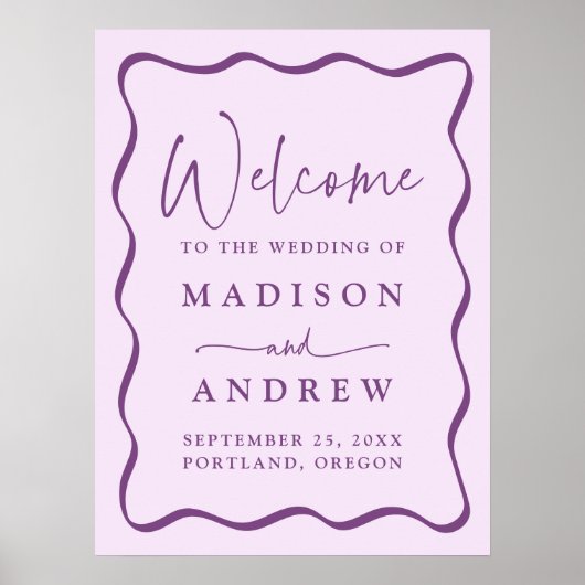 Modern Paarse Wavy Lijst bruiloft welkom Poster (Voorkant)