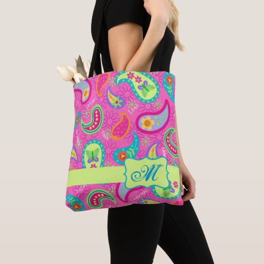 Modern Paisley Bright Roze Monogram op maat Draagtas (Dichtbij)