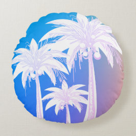 Modern Palm Leaf Waterverf Kleurrijk Blauw Roze Rond Kussen