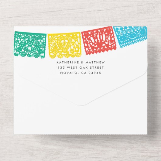 Modern Papel Picado Wedding Banner All In One Uitnodiging (Achterkant)