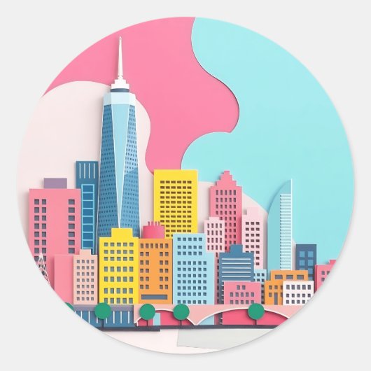 Modern Paper Collage Cityscape Ronde Sticker (Voorkant)
