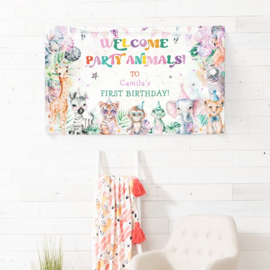 Modern Party Leuke Dieren Meisje Verjaardag Welkom Spandoek (Insitu)