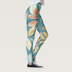 Modern Pastel abstracte bloemetjes blauw geel beig Leggings