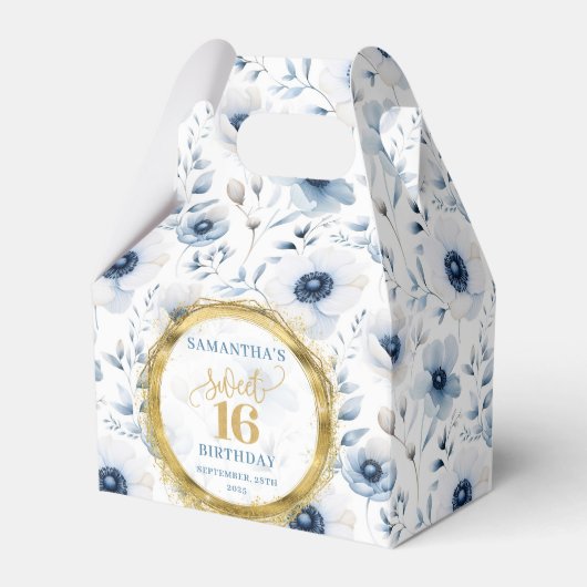 Modern Pastel Blauw Zoet 16 Goud Glitter Favoriet Bedankdoosjes (Voorkant Zijde)