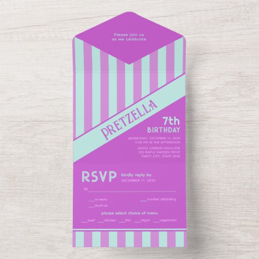 Modern Pastel Blauwgroen Roze Strepen Verjaardag All In One Uitnodiging (Binnen)