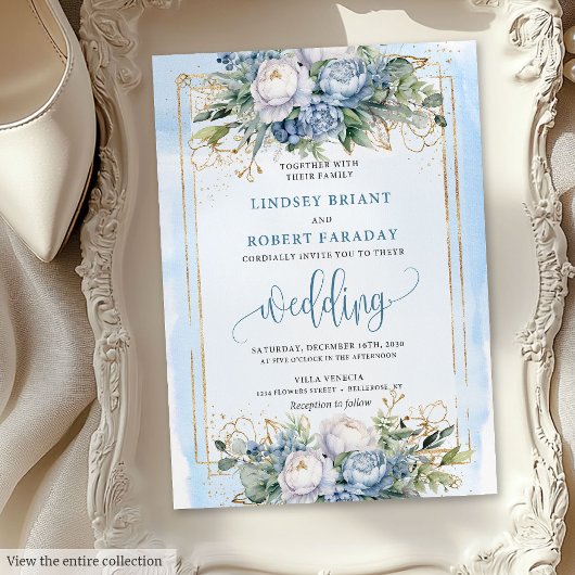 Modern pastel blue gold flowers wedding invitation kaart