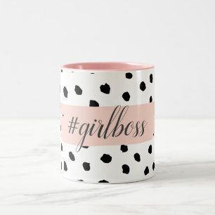 Modern Pastel Pink Girl Boss & Black Stippen Tweekleurige Koffiemok