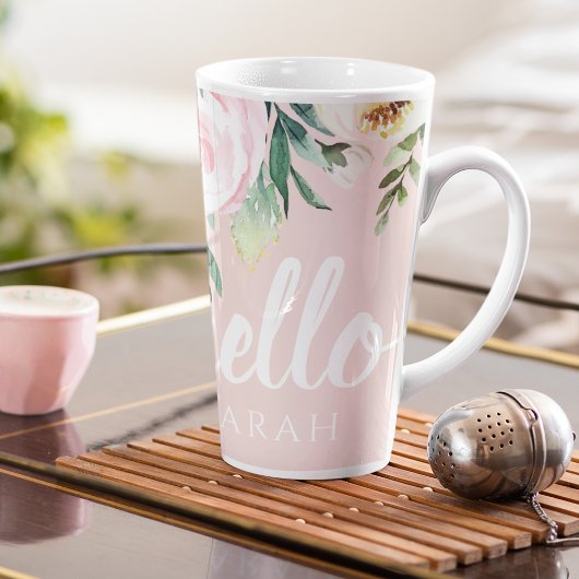 Modern Pastel Roze Bloemen Hallo en u noemt Latte Mok