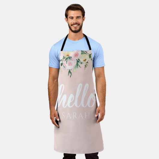 Modern Pastel Roze Bloemen Hallo en u noemt Schort (Gedragen)