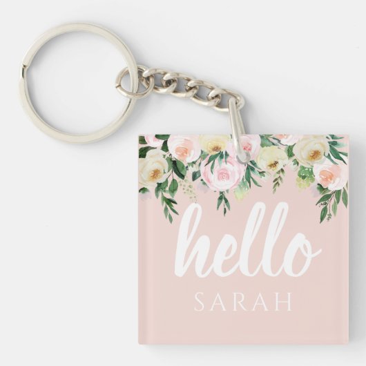 Modern Pastel Roze Bloemen Hallo en u noemt Sleutelhanger (voorkant)