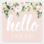 Modern Pastel Roze Bloemen Hallo en u noemt Vierkante Sticker (Voorkant)