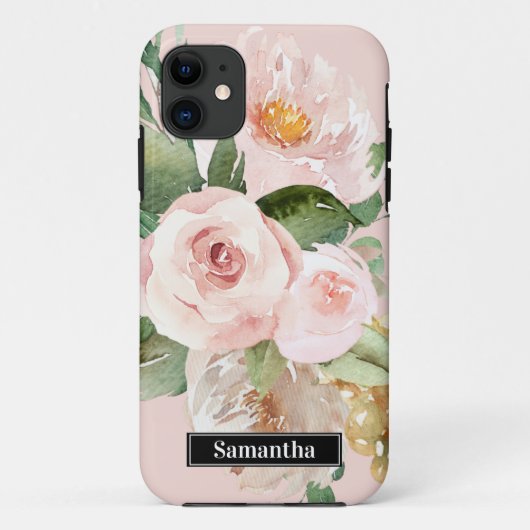 Modern Pastel Roze Waterverf Flowers & Name Case-Mate iPhone Case (Achterkant)