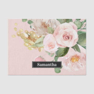 Modern Pastel Roze Waterverf Flowers & Name Tissuepapier