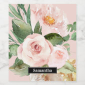 Modern Pastel Roze Waterverf Flowers & Name Wijn Etiket (Enkel label)