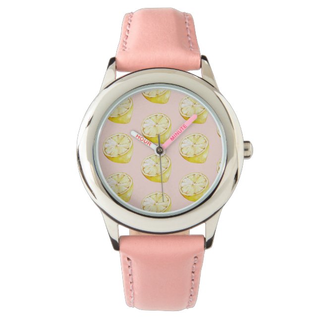 Modern pastroze en gele leemons horloge (Voorkant)