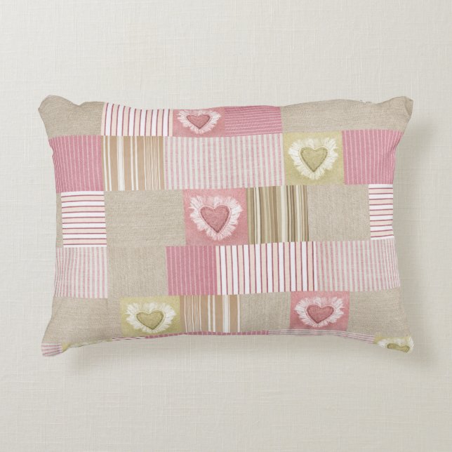 Modern patchwork: gestreept roze beige harten accent kussen (Voorkant)