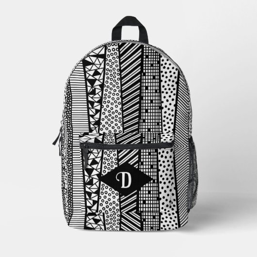 Modern patroon in zwart-wit, Monogram Bedrukte Rugzak (Voorkant)