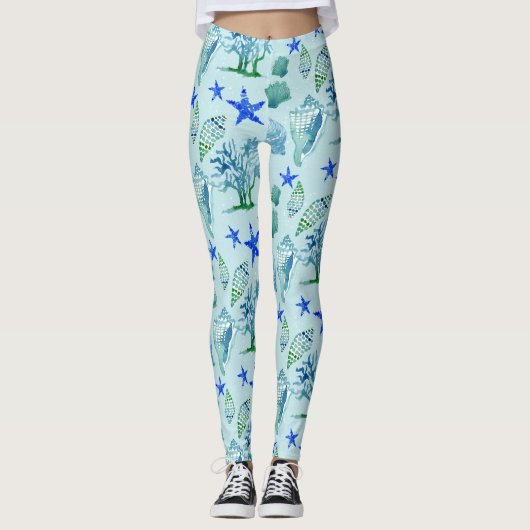 Modern patroonstrand Seashell Shell Coral Starfish Leggings (Voorkant)