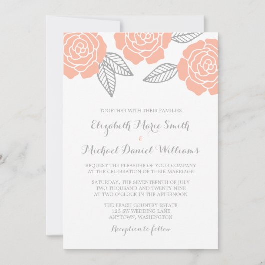 Modern Peach and Grey Roos Wedding Kaart (Voorkant)