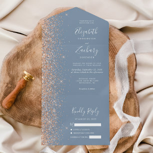 Modern Peach Glitter Dusty Blue Wedding All In One Uitnodiging