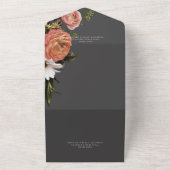 Modern Peach Mimosa Floral Black QR Code All In One Uitnodiging (Buitenkant)