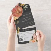 Modern Peach Mimosa Floral Black QR Code All In One Uitnodiging (Afscheurbaar)
