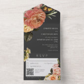 Modern Peach Mimosa Floral Black QR Code All In One Uitnodiging (Binnen)