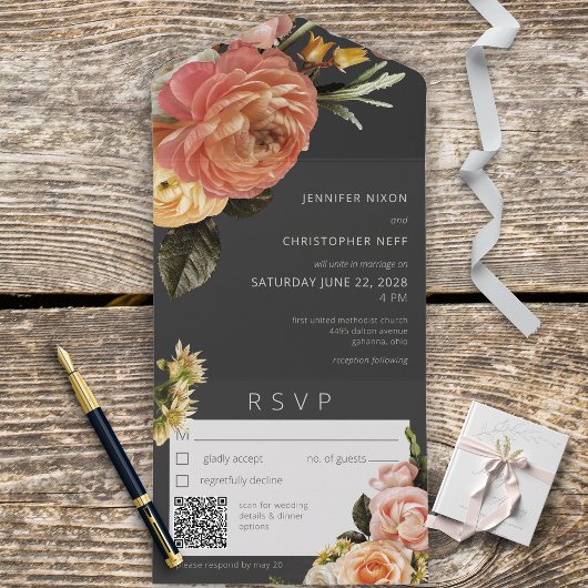 Modern Peach Mimosa Floral Black QR Code All In One Uitnodiging