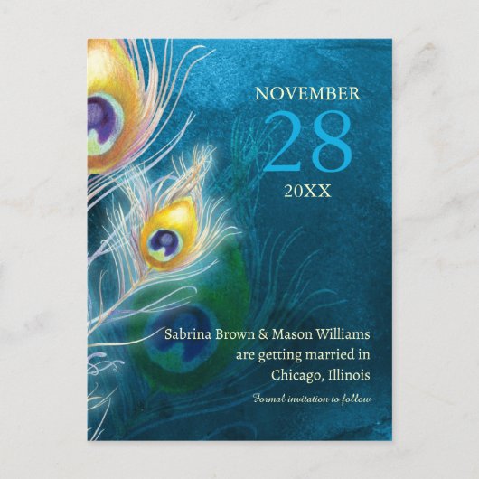 Modern Peacock Blue Wedding Save the Date Aankondigingskaart (Voorkant)