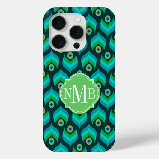 Modern Peacock Feather Pattern Monogram Case-Mate iPhone Case (Achterkant)