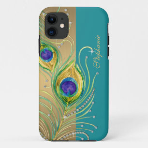 Modern Peacock Feathers Faux Jewel Scroll Swirl iPhone 11 Hoesje