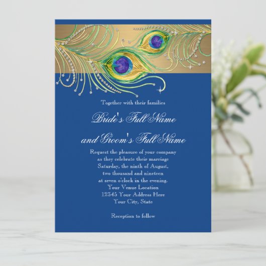 Modern Peacock Feathers Faux Jewel Scroll Swirl Kaart (Staand voorkant)