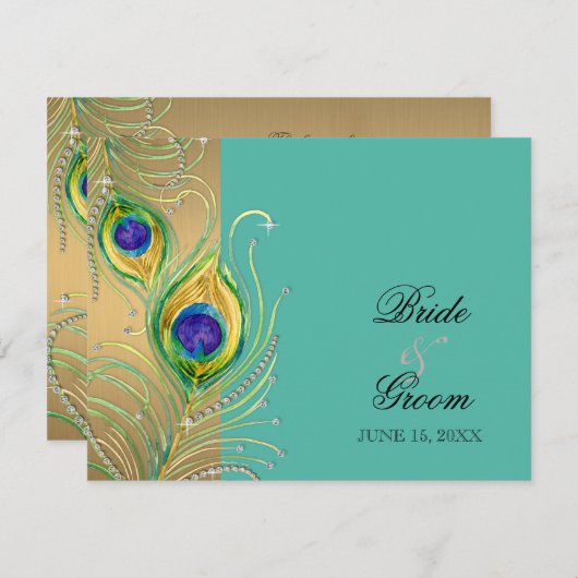 Modern Peacock Feathers Faux Jewel Scroll Swirl RSVP Kaartje (Voorkant / Achterkant)