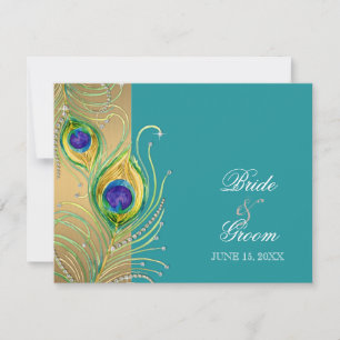 Modern Peacock Feathers Faux Jewel Scroll Swirl RSVP Kaartje